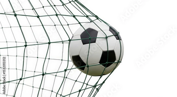 Fototapeta Soccer Ball In The Net Against White Background Depicting Sport And Success