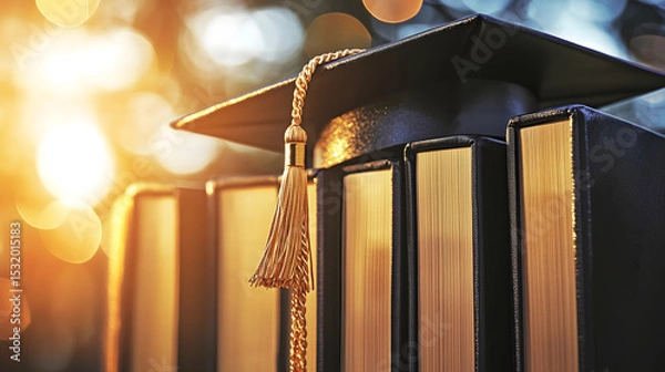 Obraz A graduation cap and gown placed on a stack of books symbolizing academic achievement with a beautiful bokeh effect and warm orange lens flare.