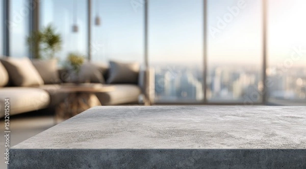 Fototapeta A blurred modern living room with large windows overlooking a city at sunrise is the backdrop to a textured concrete surface in the foreground