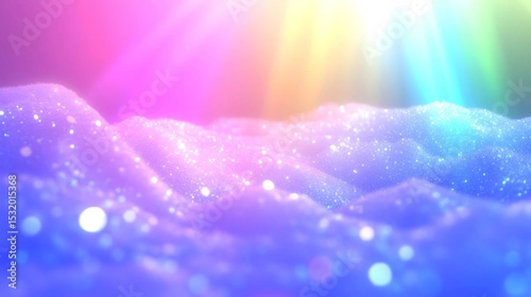Obraz A large pile of clear glass fragments with colorful bokeh, featuring a pastel gradient rainbow glow, fine white bubbles, and abstract layered wave formations resembling towering mountains.