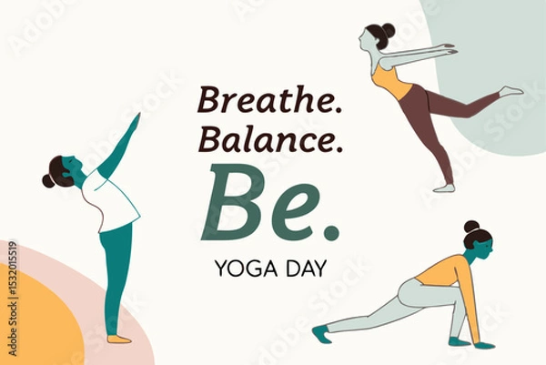 Fototapeta Yoga poses forming a circular pattern, with ‘Breathe. Balance. Be.’ and ‘Yoga Day’ text in center.