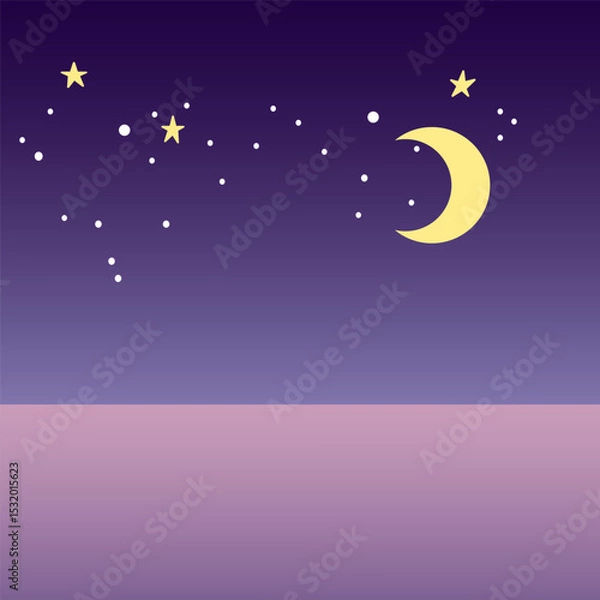 Fototapeta A serene night sky with a crescent moon and scattered stars against a gradient purple background. The scene evokes a calm and peaceful atmosphere.