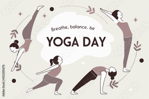 Fototapeta Yoga poses forming a circular pattern, with ‘Breathe. Balance. Be.’ and ‘Yoga Day’ text in center.