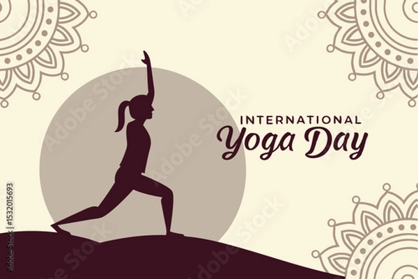 Fototapeta Lotus pose silhouette inside a mandala circle with ‘International Yoga Day’ below in clean script.
