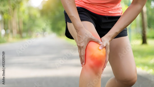 Obraz Runner clutches her knee in pain on a sunlit path