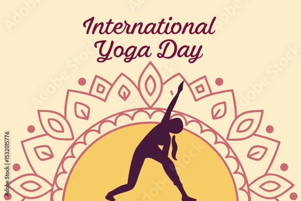 Fototapeta Lotus pose silhouette inside a mandala circle with ‘International Yoga Day’ below in clean script.