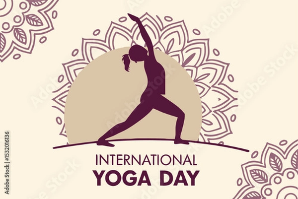 Fototapeta Lotus pose silhouette inside a mandala circle with ‘International Yoga Day’ below in clean script.