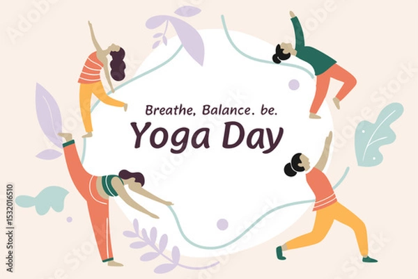 Fototapeta Yoga poses forming a circular pattern, with ‘Breathe. Balance. Be.’ and ‘Yoga Day’ text in center.