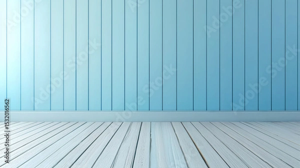 Obraz Pastel blue wooden plank walls and flooring set the stage for product display advertising and marketing promotions.