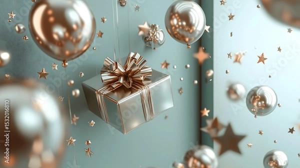 Obraz silver gift box with a reflective gold ribbon floats in mid air adorned with balloons and silver stars against a pastel green background.