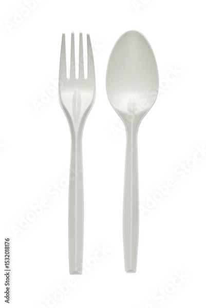 Fototapeta white plastic spoon and fork. bioplastic. recycle on tranparent background