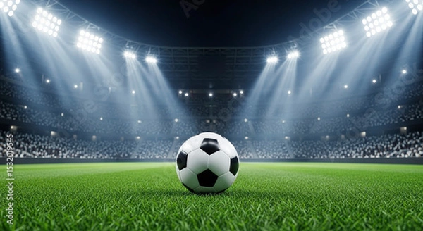 Fototapeta Soccer Ball Centered On Green Field Under Stadium Lights During Evening