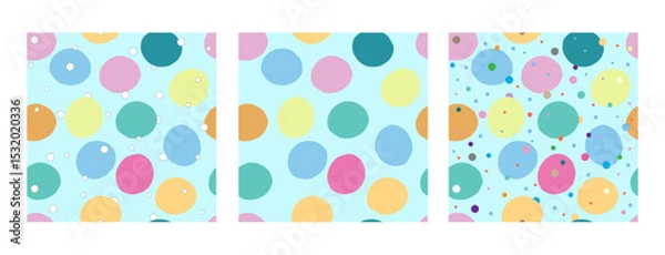 Obraz Set of three beautiful seamless abstract polka dot patterns on  blue background. Orange, yellow, blue, dark green, green and pink colors. For wallpaper, textiles, packaging, background, website.