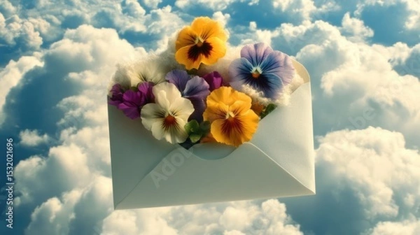 Fototapeta An envelope filled with colorful flowers floats among fluffy clouds. The flowers include yellow, purple, and white pansies, creating a vibrant scene.