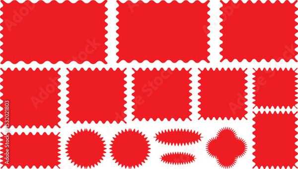 Obraz Red silhouette scalloped frames. Geometric shapes stickers with zigzag wavy edge. Set of frames with zigzag edge, scallop edge shape. red color frame And Round