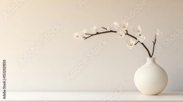 Fototapeta A minimalist arrangement of a white vase with a branch of delicate white flowers. The background is soft and neutral, enhancing the simplicity of the scene.