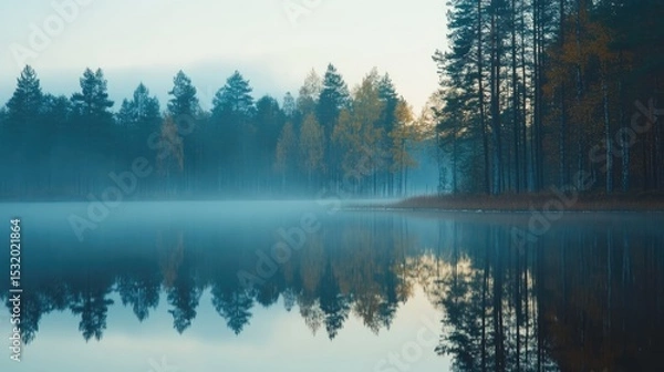 Fototapeta A serene lake surrounded by tall pine trees. Mist covers the water's surface, creating a tranquil atmosphere. Autumn colors are visible in the foliage.