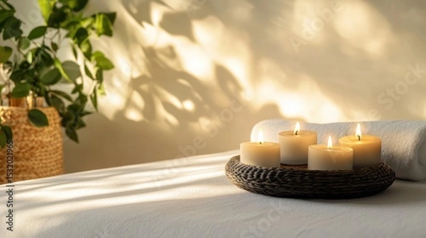 Fototapeta A serene spa setting with lit candles on a woven tray. A soft towel is placed beside the candles. Green plant adds a touch of nature to the calm atmosphere.