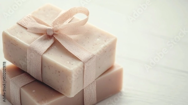 Fototapeta Two stacked gift boxes wrapped in soft pink ribbon. The boxes are made of natural soap, showcasing a minimalist and elegant design.