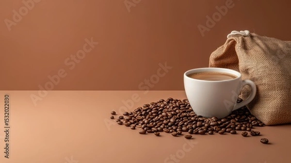 Fototapeta A white coffee cup filled with coffee sits on a brown surface. Coffee beans are scattered around the cup, and a burlap sack is nearby.
