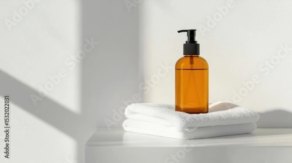Fototapeta Amber pump bottle on white towels in a bright bathroom setting. Soft shadows create a serene atmosphere. Ideal for skincare or beauty products.