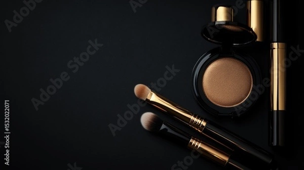 Fototapeta Cosmetic products arranged on a dark surface. Includes a compact with golden powder and makeup brushes in black and gold colors.