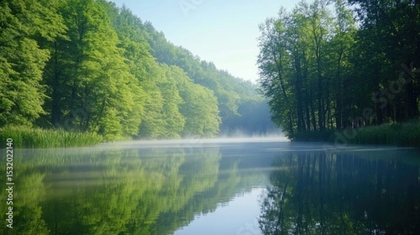 Fototapeta A serene lake surrounded by lush green trees. Mist rises from the water, creating a tranquil atmosphere. The scene captures the beauty of nature in the early morning light.