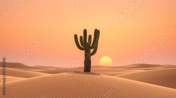 Fototapeta A saguaro cactus standing tall in a desert landscape with a soft sunset in the background casting warm light
