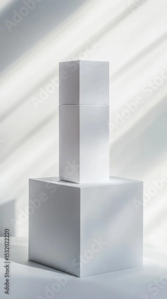 Fototapeta Two white geometric shapes stacked on a light background. The scene features soft shadows and a minimalist design, emphasizing simplicity and modernity.