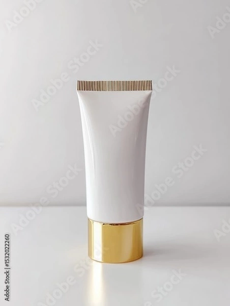 Fototapeta A white cosmetic tube with a gold base, placed on a clean surface. The tube has a sleek design, suitable for skincare or beauty products.