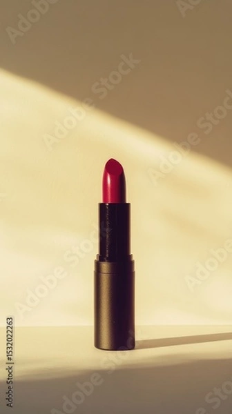 Fototapeta A close-up of a vibrant red lipstick in a black tube, placed against a soft, neutral background with gentle lighting.