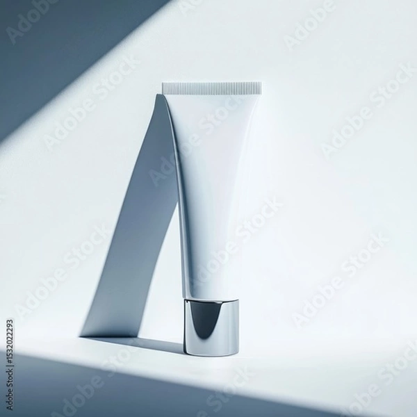 Fototapeta A sleek, white cosmetic tube with a silver cap rests on a light background. The design is minimalistic, emphasizing modern beauty products.