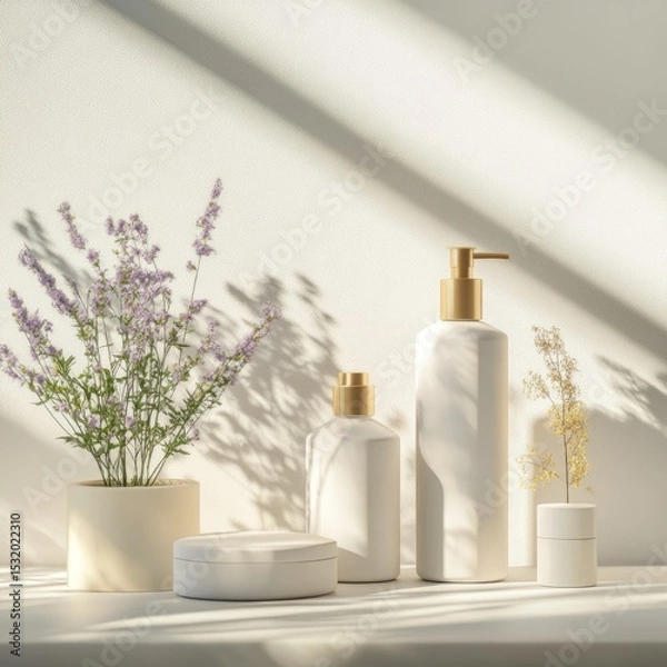 Fototapeta A minimalist arrangement of white cosmetic bottles and jars with golden accents. Lavender flowers in a pot add a touch of nature to the scene.