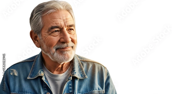 Fototapeta Thoughtful senior man with gray beard reflecting, isolated on white & transparent background, ideal for retirement planning, mental health articles, aging gracefully, family storytelling,