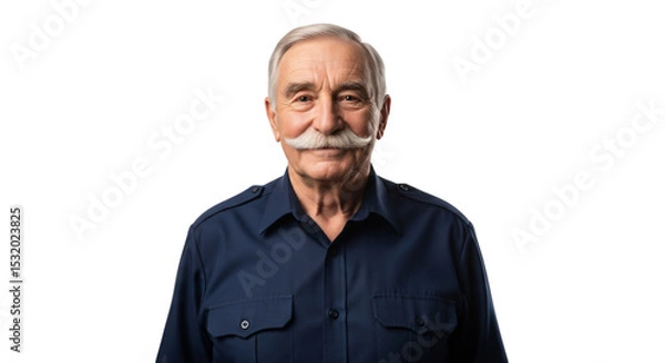 Fototapeta Friendly senior man with a distinguished mustache, ideal for corporate profiles, healthcare services, financial advising, veteran support, or Father's Day campaigns,