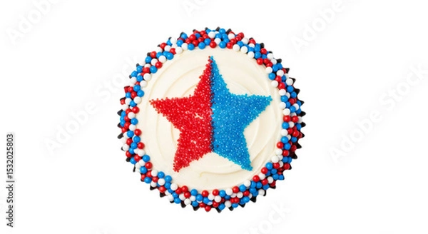 Fototapeta Patriotic cake isolated on white & transparent background, featuring white frosting with a vibrant red and blue sprinkle star, bordered by red, white, and blue candy. Ideal for 4th of July,