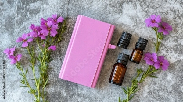 Fototapeta Pink notebook and essential oil bottles surrounded by flowers.