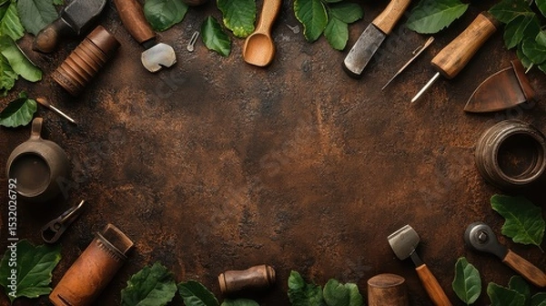 Fototapeta Various artisan tools and utensils arranged on a rustic surface.