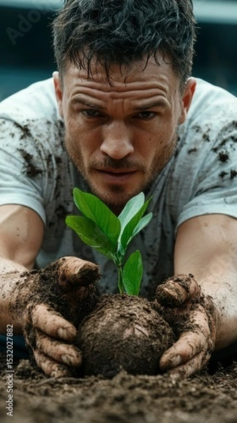 Obraz Action of Planting a Young Tree by a Man in a Garden, Nature Photography, Outdoor Environment, Close-Up Perspective