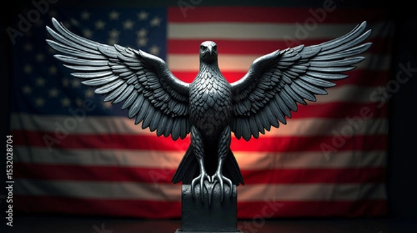 Obraz A majestic silver eagle statue with outstretched wings, standing proudly against the backdrop of a blurred american flag
