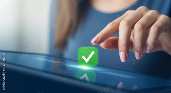 Fototapeta Woman's Hand Touching Digital Tablet With Green Check Mark Confirmation Symbol on Blue Screen