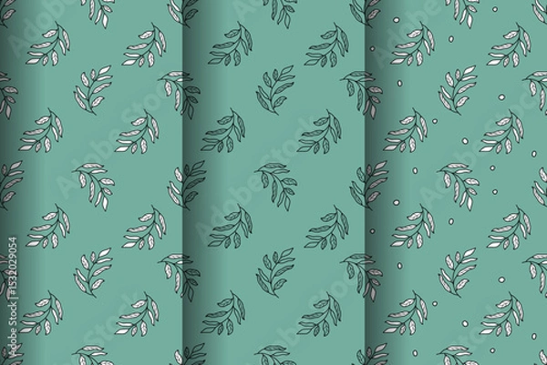 Obraz Set of three beautiful natural seamless plant patterns in black and white on  green background. Plant of environment. Flat design. For wallpaper, textiles, packaging, background, website.