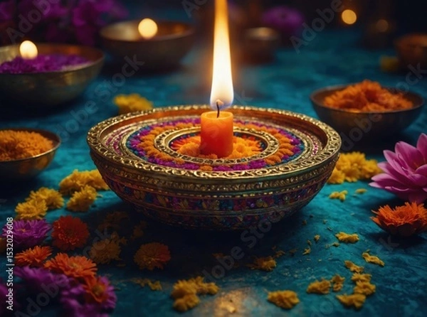 Obraz Glowing Candle Flame in Ornate Golden Bowl with Colorful Flower Petals for Celebration