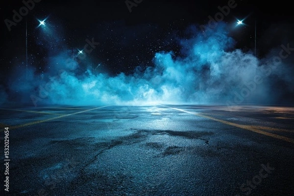 Fototapeta A nighttime asphalt road scene with blue-tinged smoke and bright lights, creating a moody atmosphere