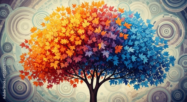Fototapeta Colorful Pixelated Tree With Orange And Blue Leaves Against Abstract Patterned Background