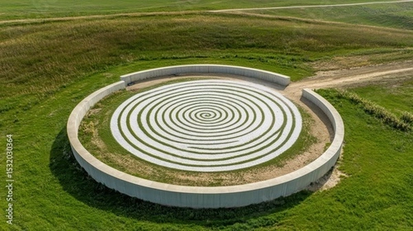 Fototapeta A spiral design on a circular concrete platform in a grassy field.