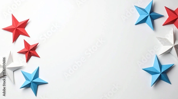 Obraz Red, white, and blue origami stars isolated on white background, arranged in the corners
