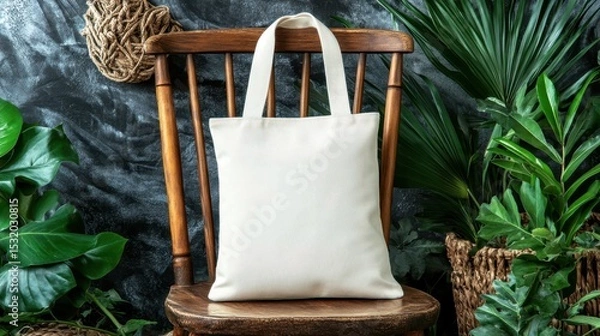 Fototapeta Empty tote bag resting on a wooden chair surrounded by lush greenery.