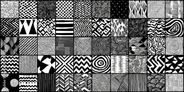 Fototapeta A collage of 48 monochrome square tiles, each showcasing a distinct hand-drawn pattern featuring geometric, abstract, and organic motifs in black and white