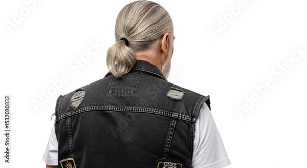 Fototapeta Back view of a rugged man with a grey ponytail and black distressed denim vest, isolated on white & transparent background. Ideal for fashion editorials, lifestyle blogs, motorcycle advertising,